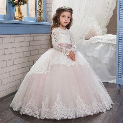Girls Pageant Dresses Glitz Long Sleeves Lace Up Back Bow Sashes Birthday Dresses Communion Gown