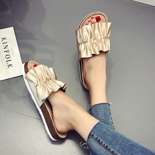 Gold/silver ruffles cork sandals women designer pleated slippers open toe summer babouche platform sandalias women flipflopsy696