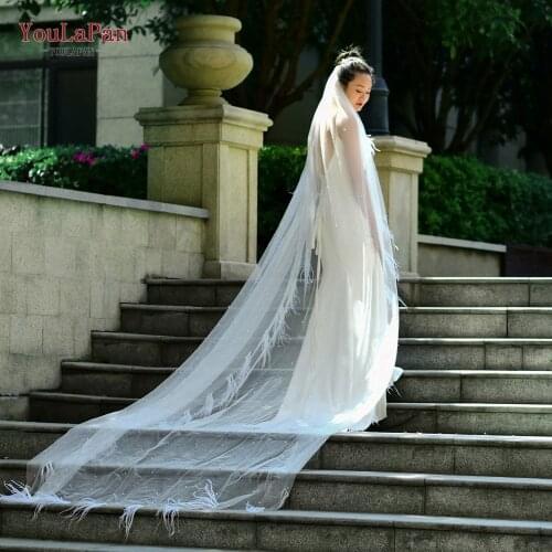 YouLaPan V23 Real Photos 3 Metre Cathedral Wedding Veils Pearl Feather Edge Veil Comb Ivory Veil for Marriage 2020 New Arrival