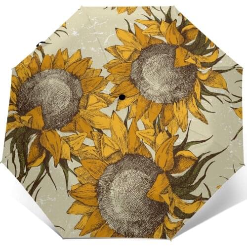Wind Resistant Fully-Automatic Umbrella Vintage Sunflowers Illustration Rain 3 Folding Parasol Travel Car Umbrella