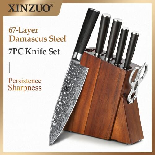 2020 XINZUO 7 PCS Kitchen Knife Set VG10 Damascus Steel Knives Best Chef Knife Set With Excellent Acacia Wood/Knife Set BlocK