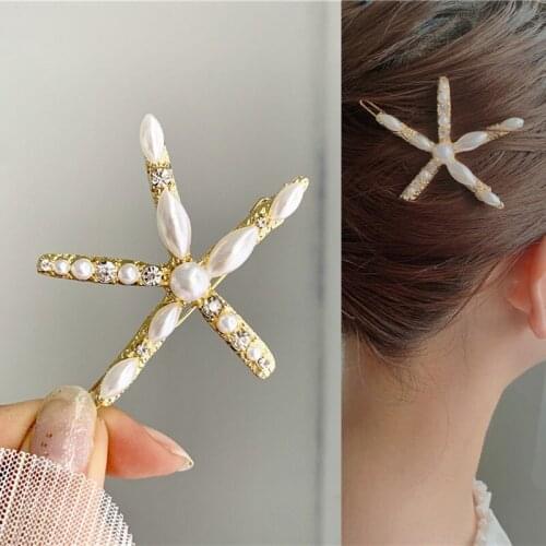 Cute Pearl Starfish Star Barrette Hairpin Korean Rectangle Hair Clips for Women Girls Kids Hair Sticks 2021 New Arrival Trend