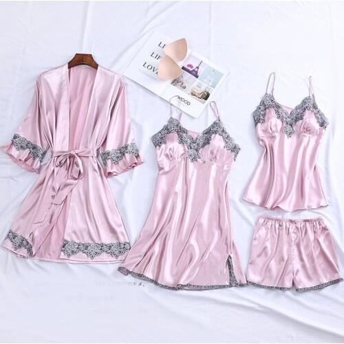 Nighties Gown Set Women 4PCS Nightshirts V-Neck Cami Pajamas Sleepwear Sleep Bathrobe Lady Wear Home Suit Nightgown Spring Robe