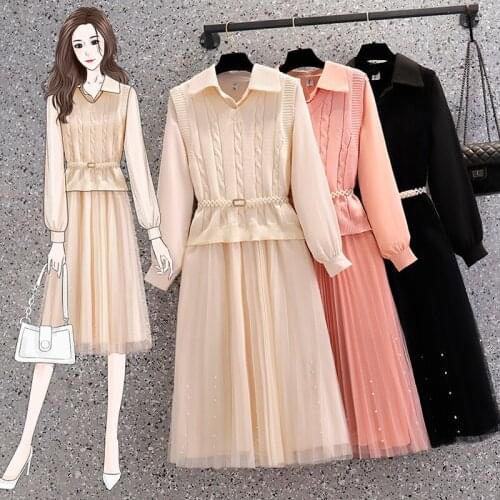 EHQAXIN 2021 Autumn Winter Large Size Womens New Dress Set Retro V-Neck Knitted Vest + Beaded Mesh Sling Dress 2 Piece Set M-4XL