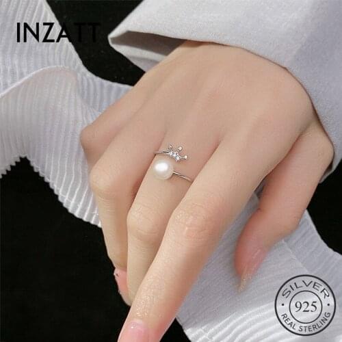 INZATT Real 925 Sterling Silver Zircon Pearl Crown Adjustable Ring For Fashion Women Wedding Fine Jewelry Cute Accessories Gift