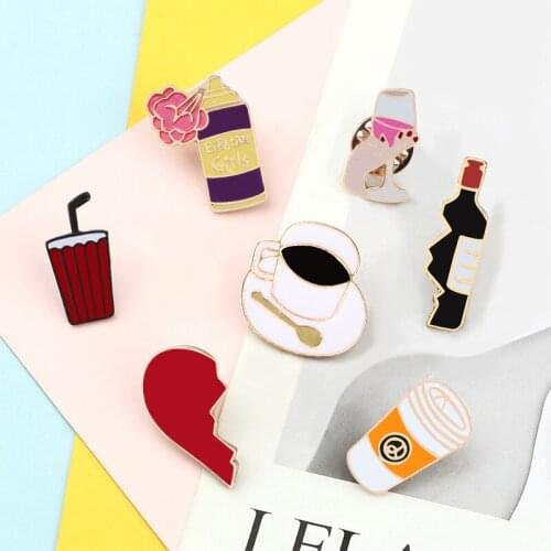 Mini Red Wine Bottle Brooch Fashion Glass Cups Coffee Cup Spray Enamel Lapel Pin Badge Collection Jewelry Gift For Women Couple