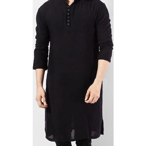 Men Muslim Kurta T-Shirt Long Sleeve Buttons Stand Collar Kaftan Blouse Solid Color Side Split Arabic Robe Tunic Tops