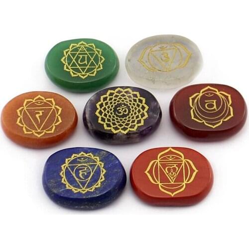 Natural Crystal Stone Carving 7 Chakras Rune Fine Jewelry Reiki Healing Energy Stone 20 mm Elliptical Divination Stone Ornament