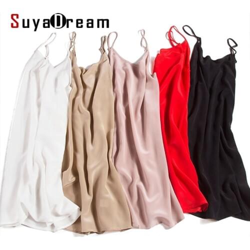 SuyaDream Women Solid Silk Sleepdress 100%REAL Silk Crepe Spaghetti Strap Nightgowns 2020 Summer New Home Dresses