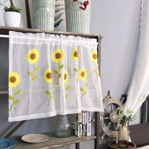 Senisaihon Yellow Sunflower Half-Curtain White Polyester Linen Tulle Roman Curtains Hem Coffee Curtain for Kitchen Cabinet Door