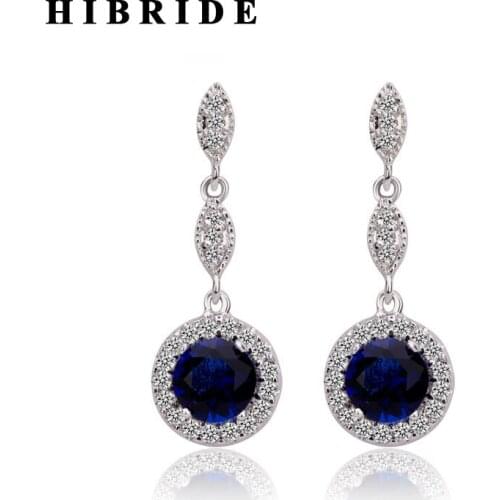 HIBRIDE 3 Colors Blue Round Cut Pring Setting Women Drop Earring CZ Stone Long Earrings Jewelry E-383