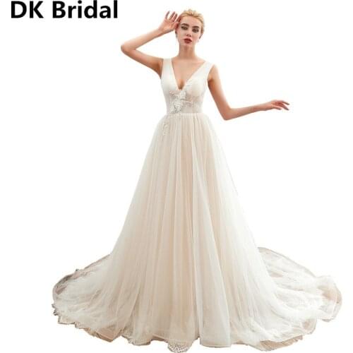 V-neck A-Line Flowers Wedding Bridal Dress Beach Sleeveless Wedding Dresses Sexy Illusion Bodice Wedding Gowns vestidos de novia