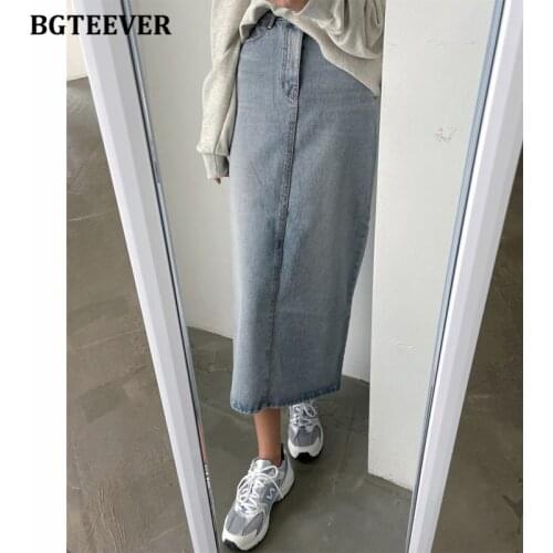 BGTEEVER Casual Loose Blue Jeans Skirts for Women High Waist Button Female Split Denim Skirts Spring Summer Straight Skirts 2021