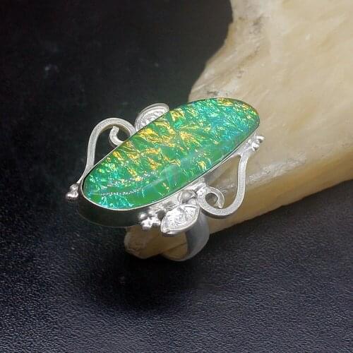Gemstonefactory Jewelry Big Promotion Single Unique 925 Silver Green Dichroic Glass Fancy Women Men Gifts Rings 8.5# 20212786