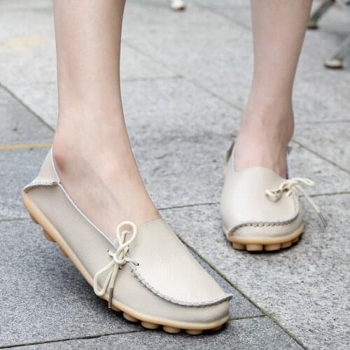 2021 Autumn Women Loafers Genuine Leather Female Shoes Slip On Ballet Bowtie Shoes Size 35-44 Lace-up Girl Low-Top Shoes