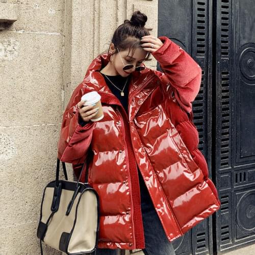Oversize Winter Jackets Women Stand-up Collar Cotton Parkas Coats Woman Warm Down Cotton Parka Jackets Glossy Splice Winter Coat