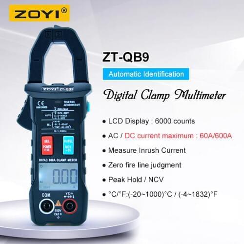 ZOYI ZT-QB9 Clamp Meter DC/AC 600A current measurement TRMS Auto-Rang Voltage Ammeter Hz Ohm NCV Tester DMM Multimeter