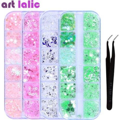 1 Box Candy Color Nail Glitter Sequins Mixed Design Snowflower Star Moon Sparkly Paillette Flakes Nail Art Decor with Tweezer