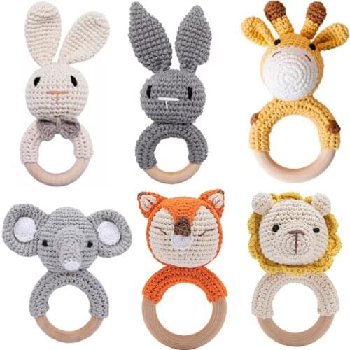 1Pc Baby Rattle Toys Wooden Teether Crochet Pattern Rattle Rabbit Lion Fox BearToy Newborn Gift Baby Teether Crochet Custom Name