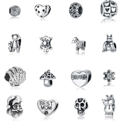 10PCS Antique Silver Color Charm Heart Skull Rhinoceros Zebra Bear Kangaroo Beads for Original Women Bracelet fit Jewelry Making