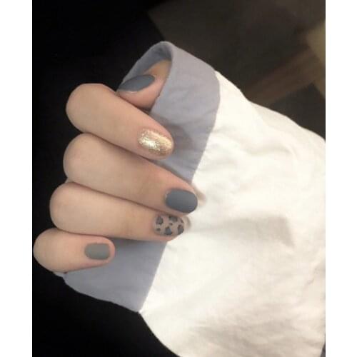 24pcs/box Fake Nails With Glue Leopard Print Blue Gold Type Short Paragraph Fashion Manicure False Nails Press On Save Time Dl