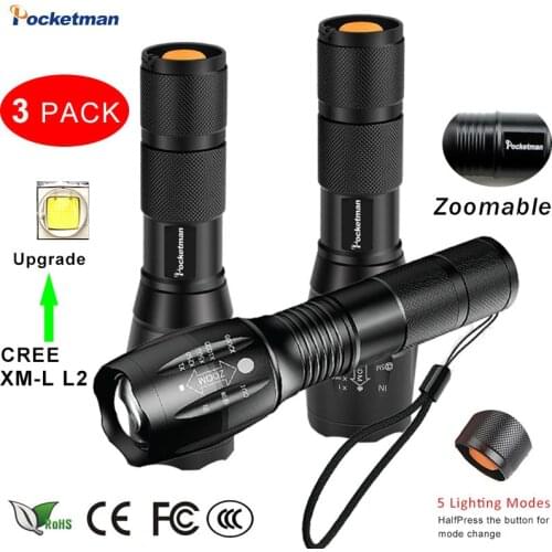 3 PCS High Powered Zoomable Torch Brightest Tactical Flashlight 8000LM XML-L2 LED Flashlight Emergency Flashlamp Camping Light