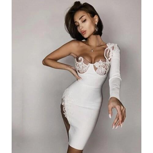 Ailigou New Ladies Sexy One Shoulder Long Sleeve Embroidered Mini Bodycon Vestidos Celebrity Christmas Party Bandage Dress