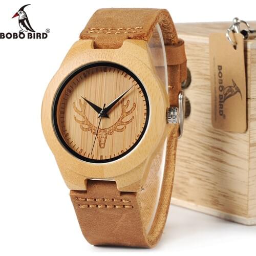 BOBO BIRD WM08 Mens Deer Head Design Buck Bamboo Wooden Watches Luxury Wood Watches With Soft Leather Strap for Men Women