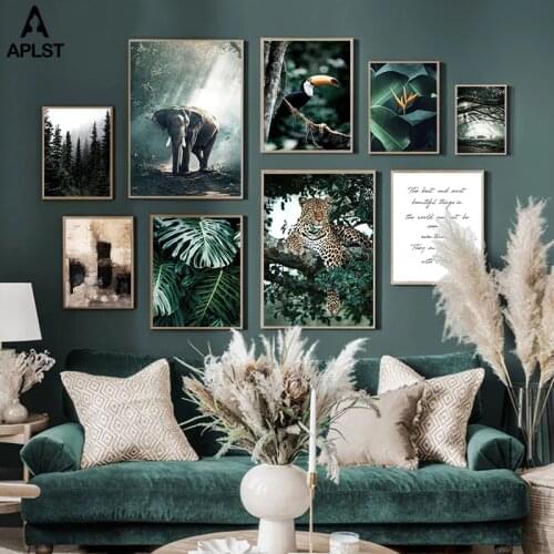 Jungle Forest Leopard Elephant Bird Posters Wild Animal Canvas Painting Prints Monstera Geen Leaves Picture Wall Art Home Decor
