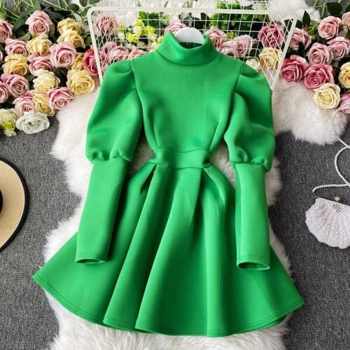 French style Women Dress Elegant spring Autumn Temperament High-neck puff Sleeve Waist A-line party dress