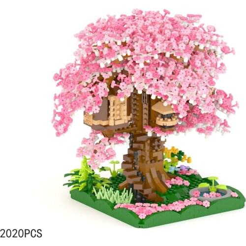 City street view micro diamond block Cherry tree house assembly building brick streetscape sakura tree house toys nanobricks