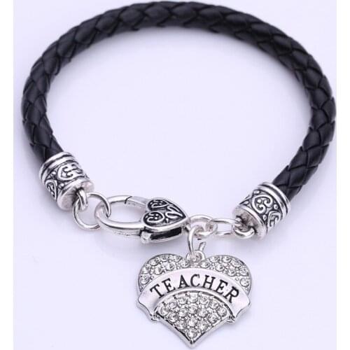 Hot Selling rhodium plated with sparkling crystals TEACHER heart pendant bracelet rope chain High Quality