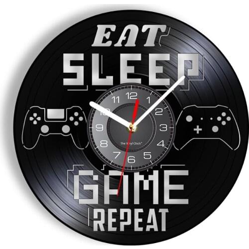 Eat Sleep Game Repeat Gamer Saying Vinyl Record Wall Clock Gamepad Machine Boys Playroom Gaming Room Decor Handicraft Art