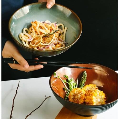 1PC RELMHSYU Japanese Style Retro Ceramic Kiln 8 Inch Ramen Large Soup Noodle Beef Instant Fruit Salad Dinner Bowl Tableware