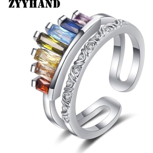 Rainbow Crown Zircon Women Adjustable Ring Girl 3 Colors Rose-Gold AAA Cubic Zirconia Multi Color Copper Alloy Lady Wedding Ring