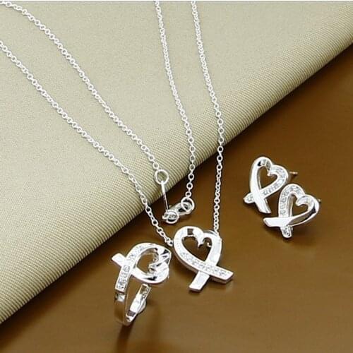 High Quality 925 Silver Jewelry Sets Fashion Simple Loves Heart Necklace Earrings Rings Set Free Shipping