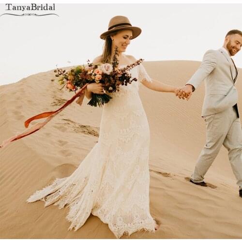 Boat Neck Lace Wedding Dresses Mermaid Charming Elegant Bohemian Bridal Gowns Champagne lining Engagement Noivas DW548