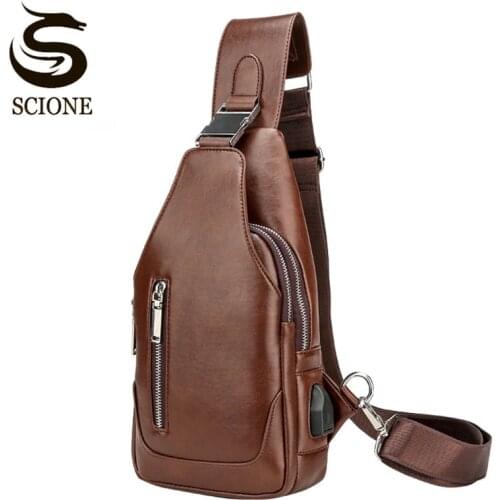 Mens Chest Bag USB Charging Casual Crossbody Bags for Man Business Male PU Leather Messenger Handbags Back Bag