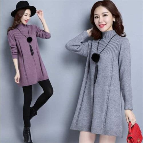 Turtleneck Soft Sweater A-line Dress 2021 Spring Autumn Warm Womens Knit Pullover Classic Solid Casual Female Long Sweaters