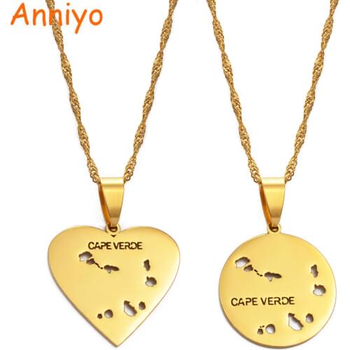 Anniyo Round & Heart Cape Verde / Cabo Verde Map Pendant Necklaces for Women Girls Gold Color Jewelry African #172821