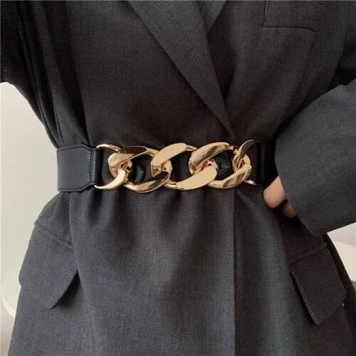 Gold chain belt elastic silver metal waist belts for women high quality stretch cummerbunds ladies coat ketting riem waistband