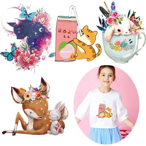 Prajna Cute Animals Patches Iron On Transfers Vinyl Heat Transfer Cat Deer Fox Stickers On Kids T-shirt DIY Patches For Clothing