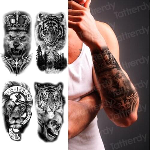 Arm sleeve tattoo lion king tiger wolf animal fake tatoo sticker sexy black waterproof temporary tattoos for men women boys girl