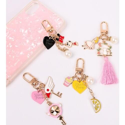 Japanese Sweet Lovely Sakura Card Girl Heart Pearl Tassels bag charm luxury keychain bunny keychain llaveros para mujer
