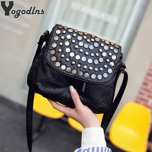 Soft PU Leather Women Messenger Bag Casual Ladies Shoulder Crossbody Bag Female Vintage Rivet Handbag Black bolsa feminina