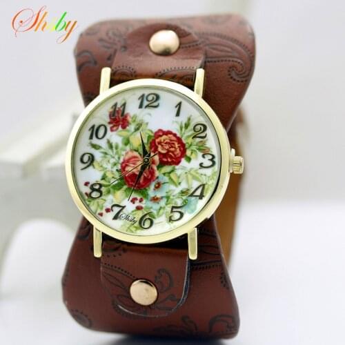 Shsby Printed leather Bracelet Wristwatch Wide band women dress Watch colorful flowers shsby Women Casual Watch girls gift