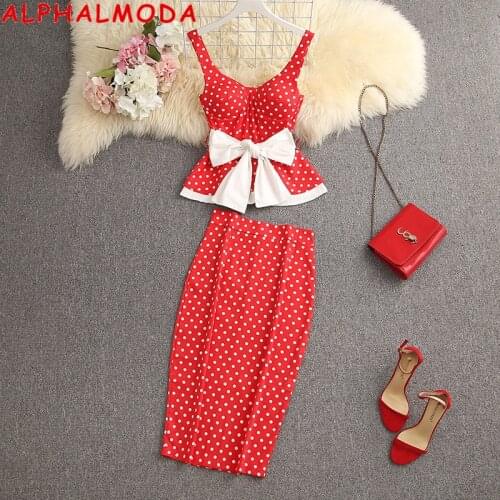 ALPHALMODA 2021 Womens Ruffled Sweet Bow Sashes Slim Top + Back Slit Pencil Skirt 2pcs Fashion Suit