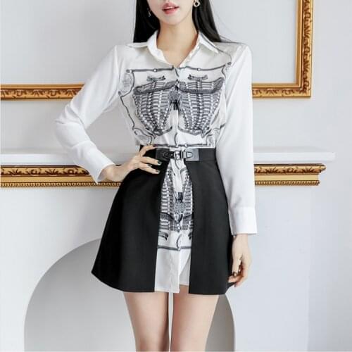 New Spring Summer Elegant OL 2 Piece Sets Womens Long Sleeve Single-Breasted Print Long Shirt Dress + Black Girdle Skirts Suits