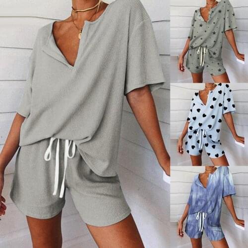 ZITY Women V Neck T -Shirt Drawstring Shorts Floral Print Ribbed Sleepwear Pajamas Set