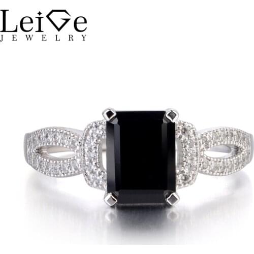 Leige Jewelry Natural Black Spinel Ring Emerald Cut Gemstone Jewelry 925 Sterling Silver Rings for Women Wedding Christmas Gift